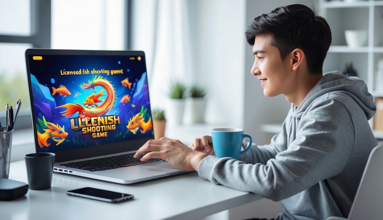 Seseorang duduk di meja kerja menggunakan laptop dengan layar menampilkan permainan tembak ikan bertema naga.