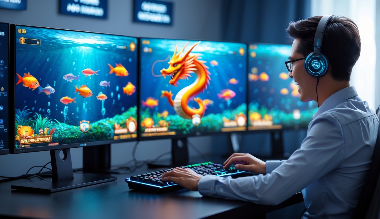 Seorang pengguna sedang bermain game menembak ikan bertema naga di komputer dengan beberapa layar yang menampilkan grafik bawah laut berwarna-warni.