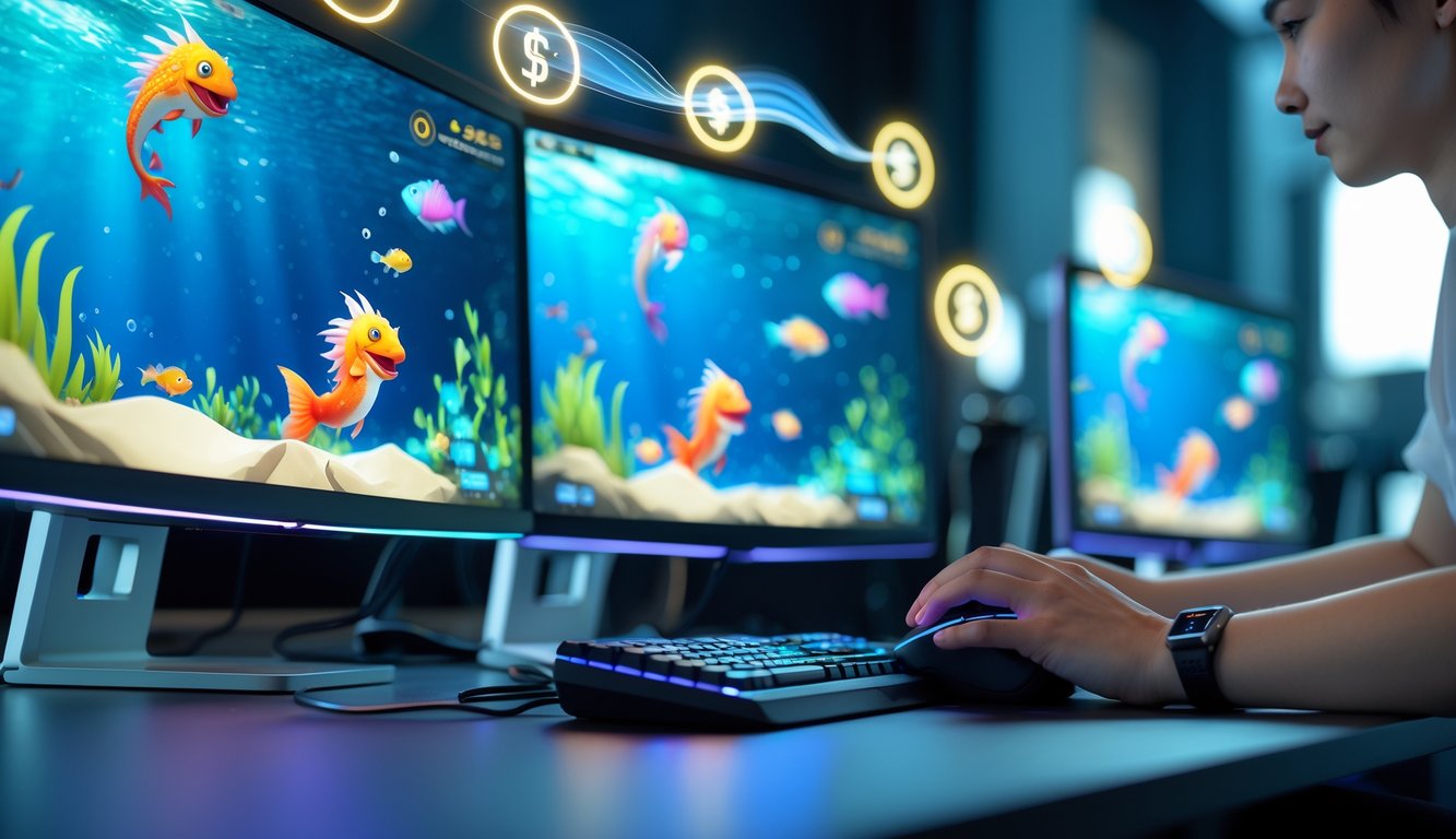 Seseorang bermain game tembak ikan online dengan komputer dan layar menampilkan ikan dan naga di bawah laut, menunjukkan sistem pembayaran otomatis 24 jam.