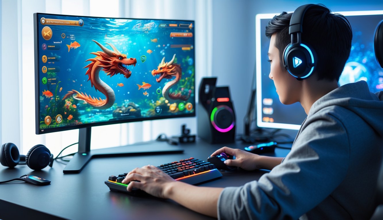 Seorang pemain menggunakan komputer dengan layar yang menampilkan permainan menembak ikan bertema naga di lingkungan gaming yang modern dan teratur.