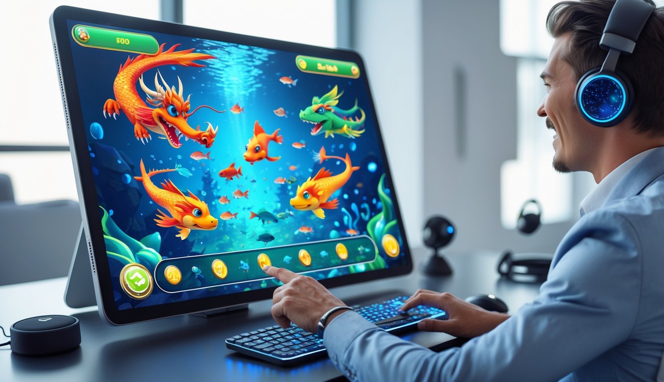 Seseorang menggunakan perangkat digital dengan layar menampilkan permainan menembak ikan bertema naga di ruang kerja modern.