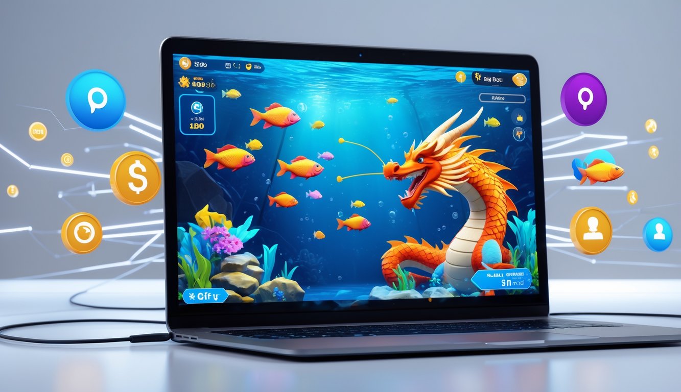 Sebuah layar komputer menampilkan permainan menembak ikan dengan tema naga di bawah laut, dikelilingi oleh elemen yang menunjukkan koneksi online dan pembayaran digital.
