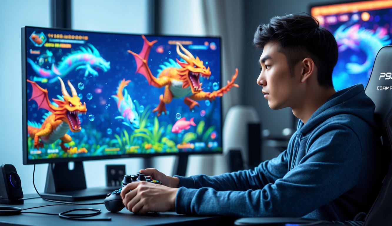 Seorang pria muda fokus bermain game arcade bertema bawah laut dengan naga dan ikan di depan komputer.
