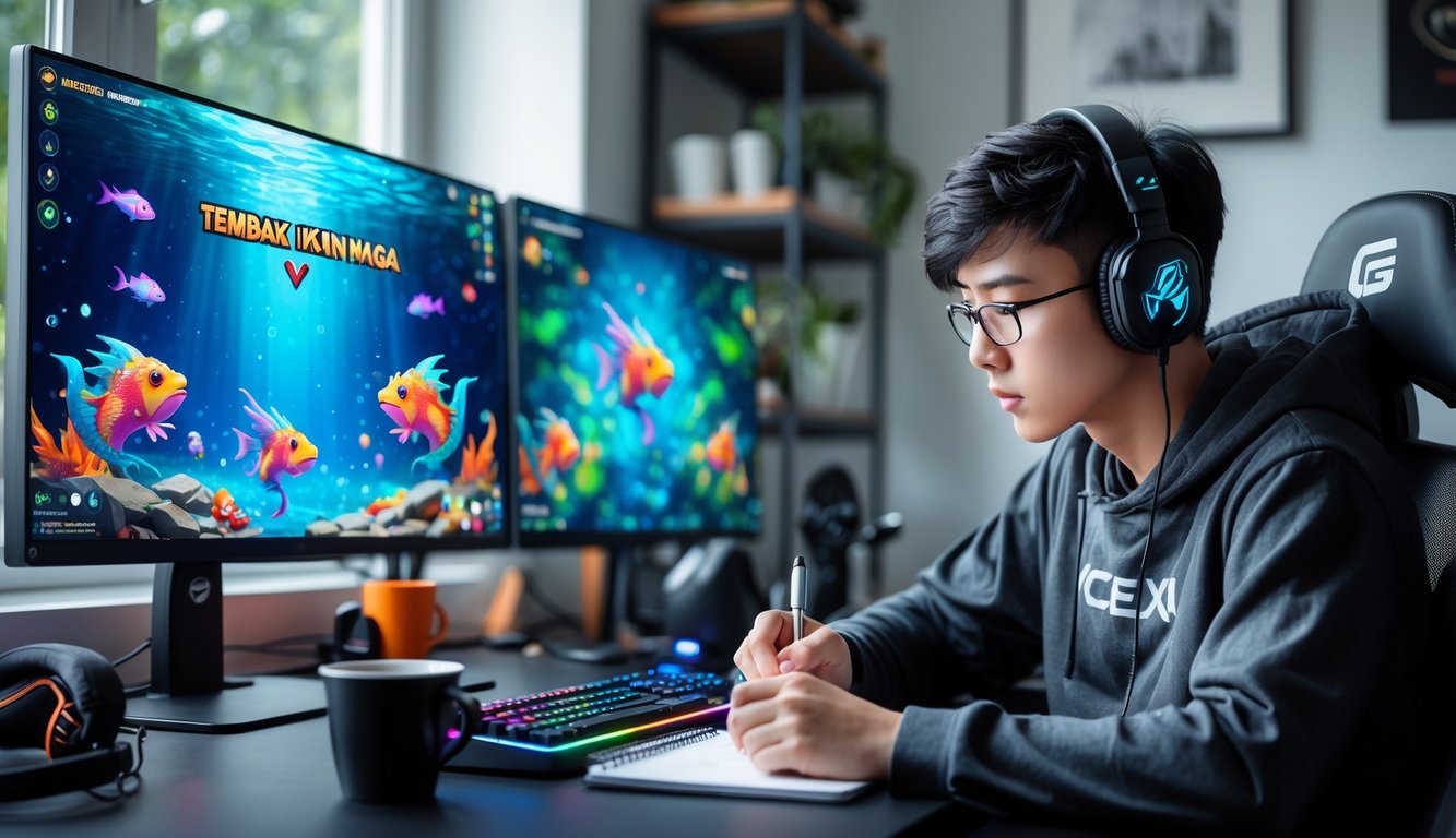 Seorang gamer muda sedang fokus menganalisis permainan tembak ikan naga di komputer dengan beberapa layar di ruang kerja yang rapi.
