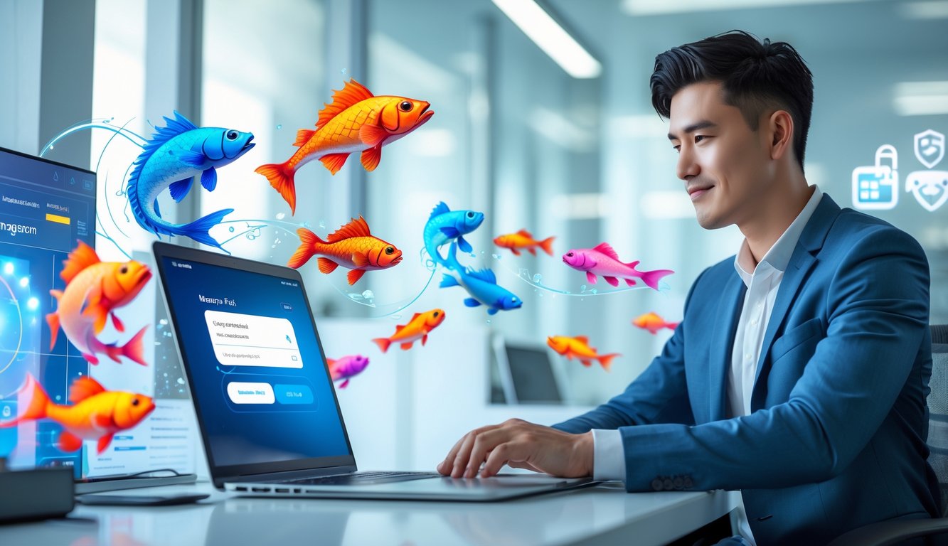 Seorang pria muda duduk di meja dengan laptop terbuka menampilkan antarmuka pembayaran digital, dikelilingi ilustrasi ikan naga berwarna-warni dalam suasana kantor modern.