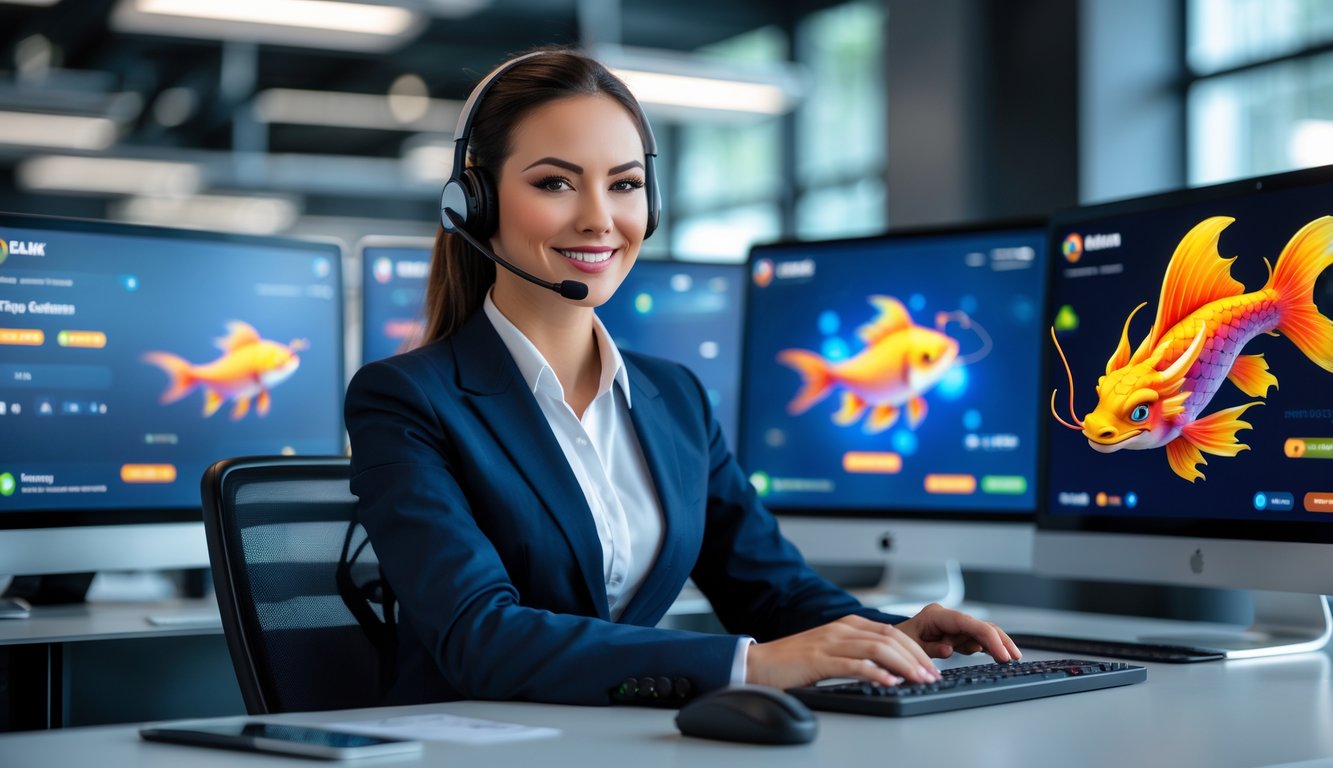 Seorang agen layanan pelanggan yang ramah duduk di meja kantor modern dengan beberapa layar komputer menampilkan antarmuka pembayaran online yang aman dan grafis permainan ikan naga.