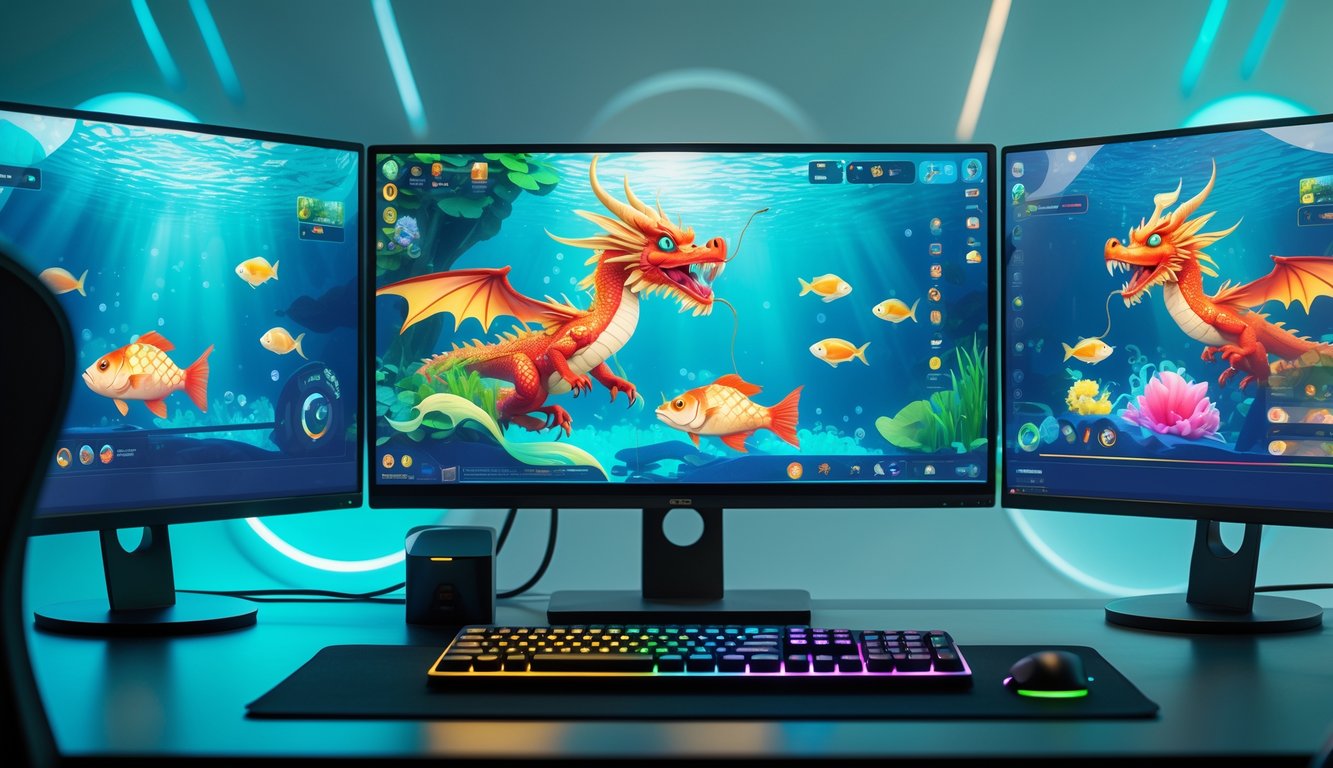 Seseorang sedang bermain game tembak ikan dengan tema naga di komputer dengan layar menampilkan ikan warna-warni dan naga di bawah laut.