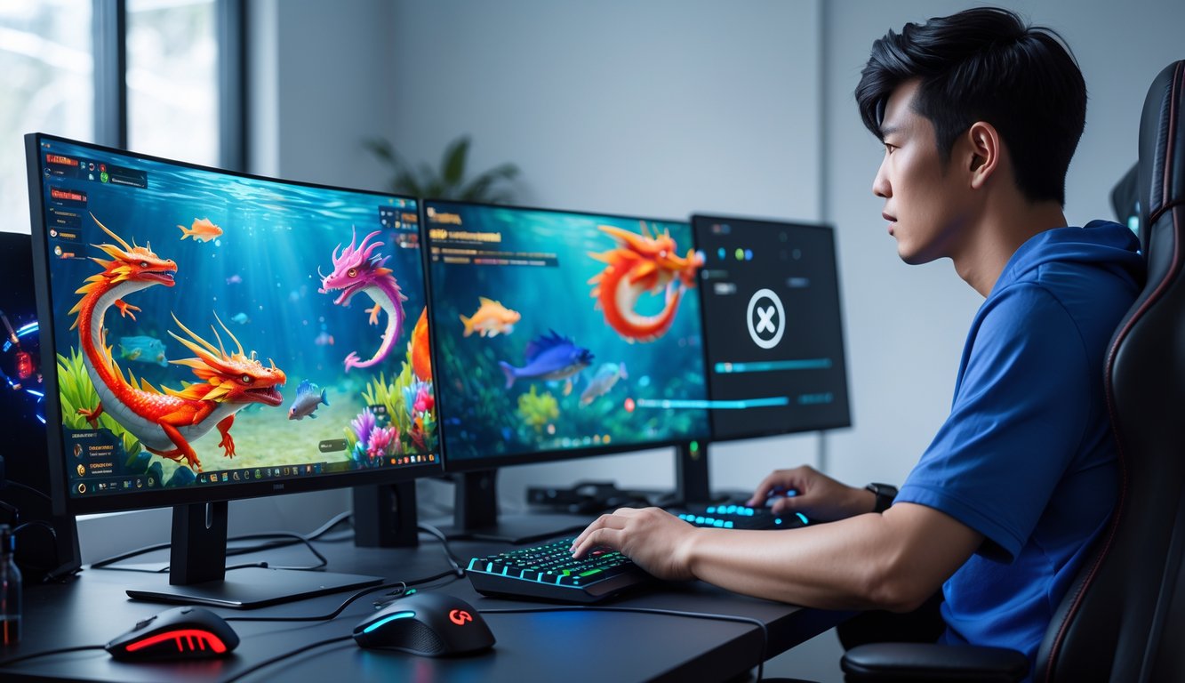Seorang gamer muda sedang bermain game menembak ikan naga di komputer dengan beberapa layar yang menampilkan grafik bawah laut berwarna-warni di sebuah ruangan gaming yang rapi.