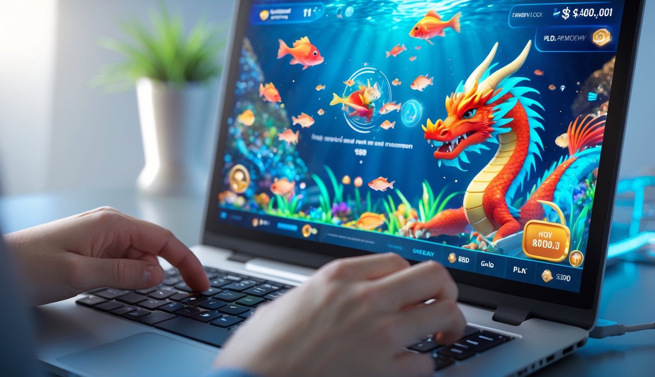 Seseorang menggunakan komputer dengan layar menampilkan permainan menembak ikan bertema naga di bawah laut.