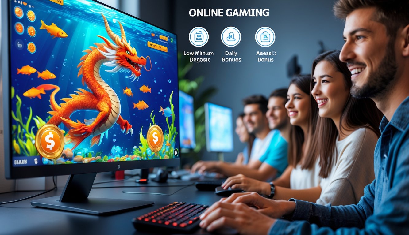 Orang-orang muda bermain permainan tembak ikan dengan tema naga di komputer dalam ruangan modern yang terang.