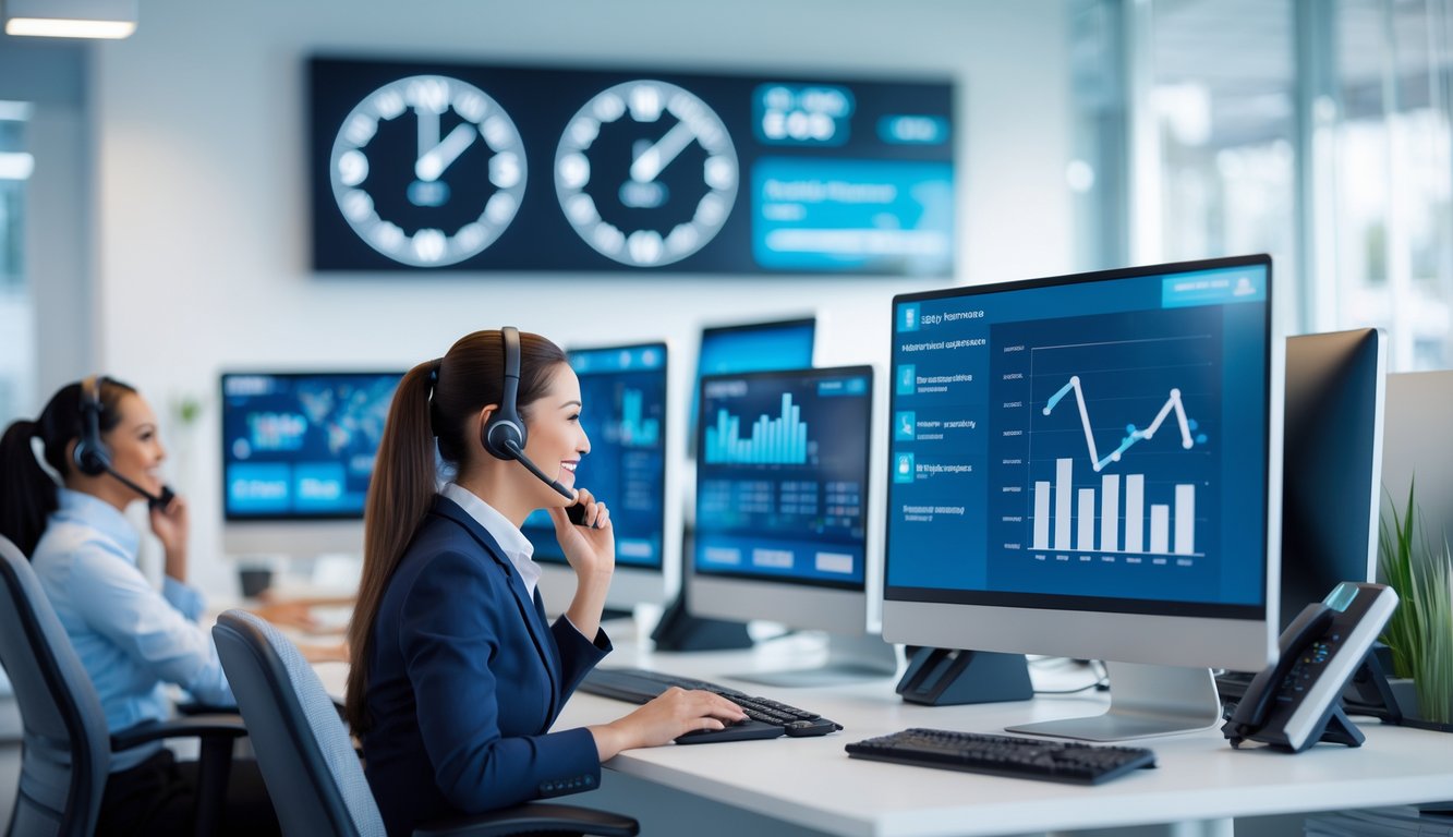 Pusat layanan pelanggan dengan staf yang ramah sedang bekerja menggunakan komputer dan telepon dalam suasana kantor yang terang dan profesional.