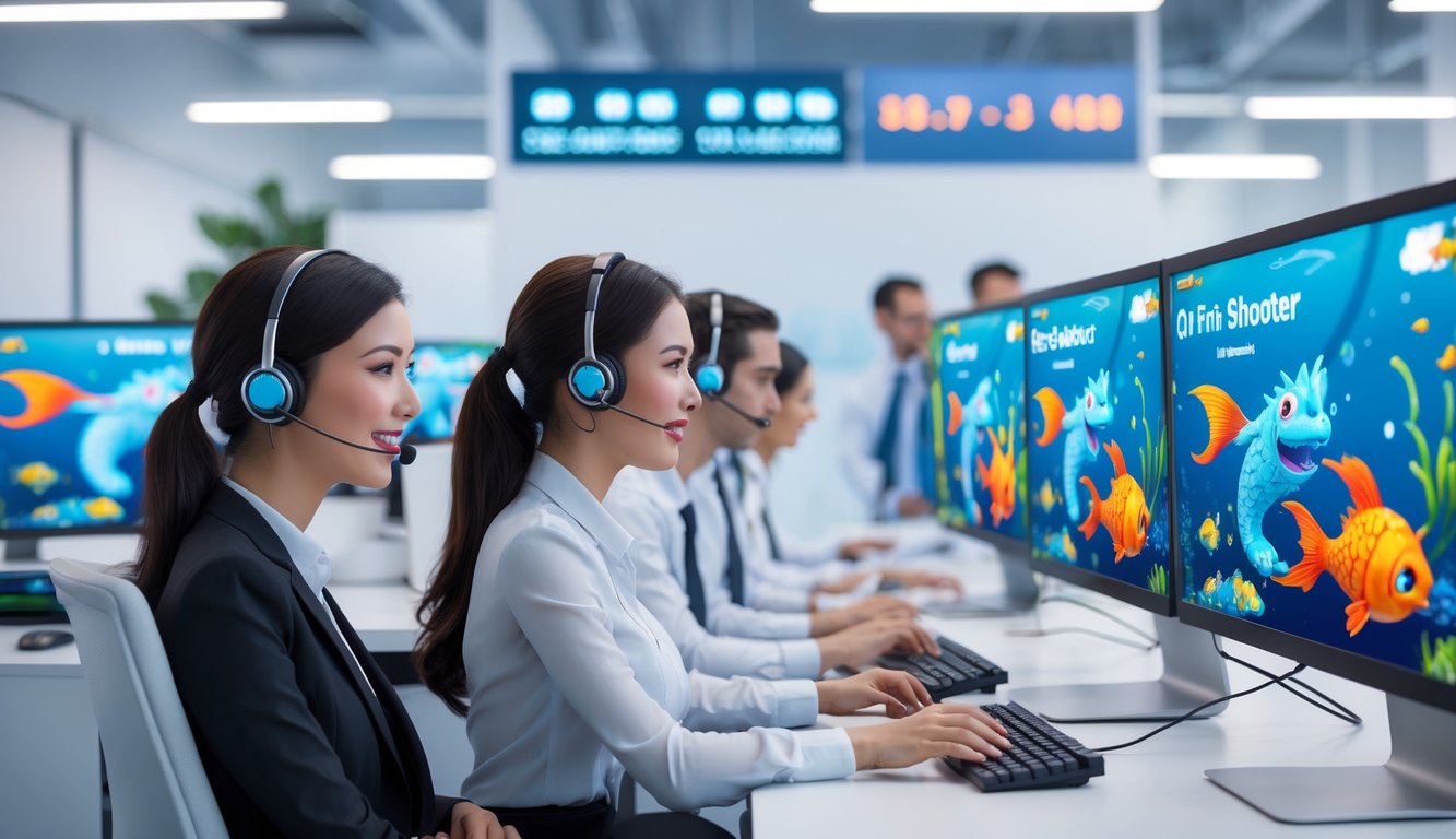 Tim layanan pelanggan sedang bekerja di pusat layanan dengan komputer dan grafik permainan ikan naga di layar.