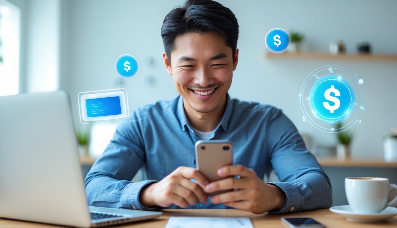 Seorang pria muda menggunakan ponsel di ruang kerja modern dengan ikon keuangan digital di latar belakang.