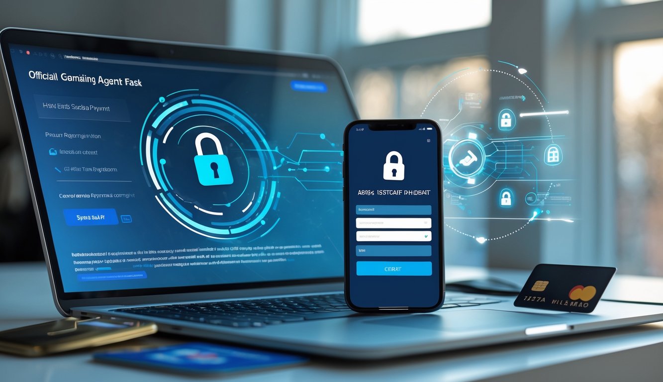 Meja kerja modern dengan laptop, ponsel, dan kartu kredit yang menunjukkan proses pendaftaran dan pembayaran online yang cepat dan aman.