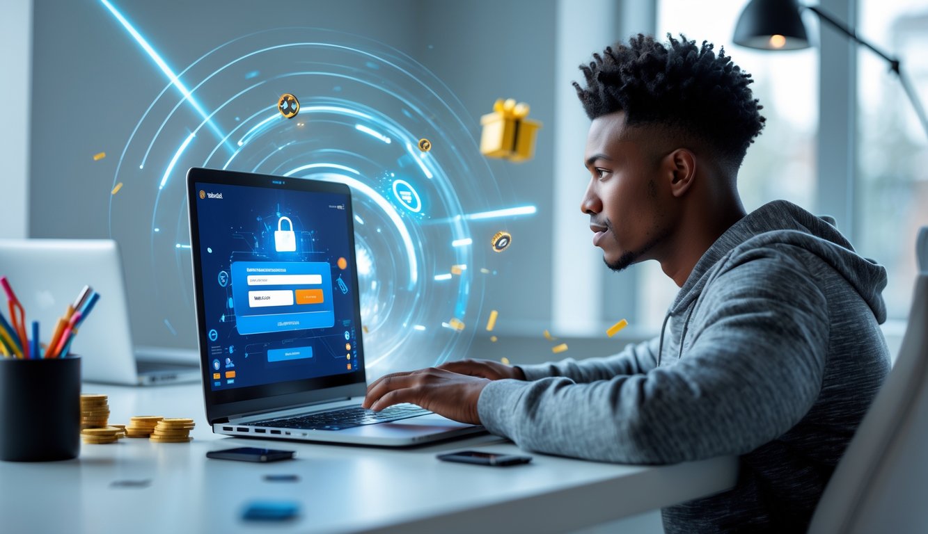 Seorang dewasa muda sedang menggunakan laptop untuk mendaftar dan melakukan pembayaran online di sebuah platform resmi dengan suasana yang cerah dan profesional.