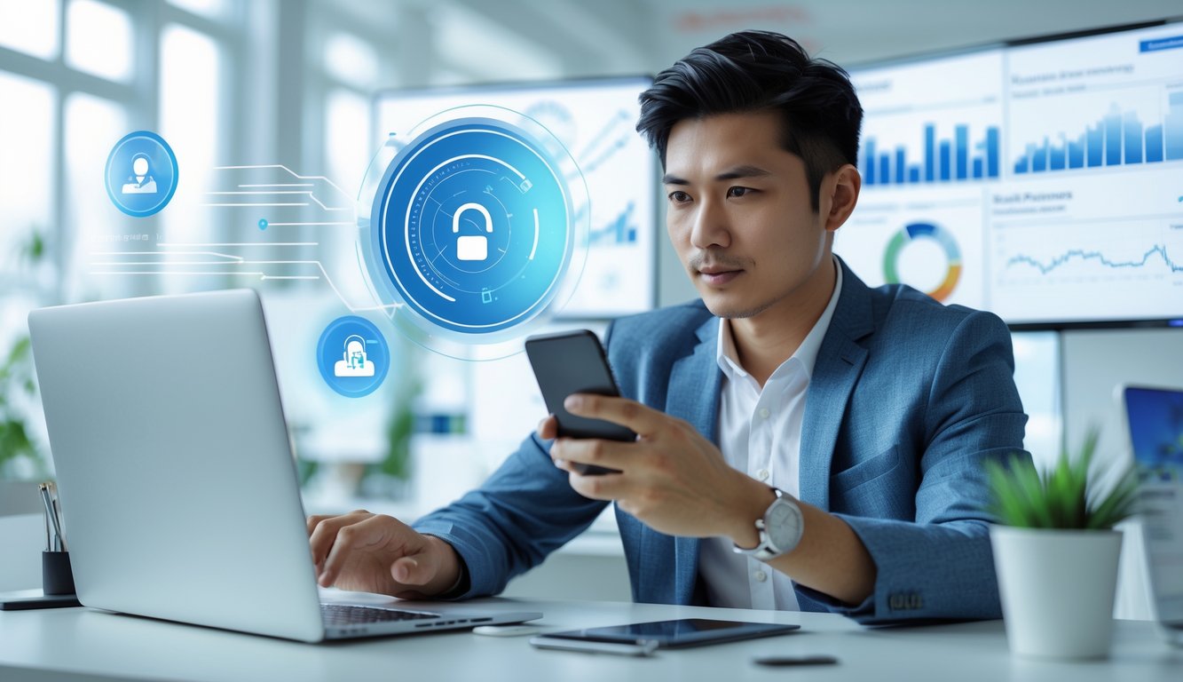 Seorang pria muda menggunakan ponsel dan laptop di kantor modern dengan ikon digital yang menunjukkan transaksi online cepat dan aman.