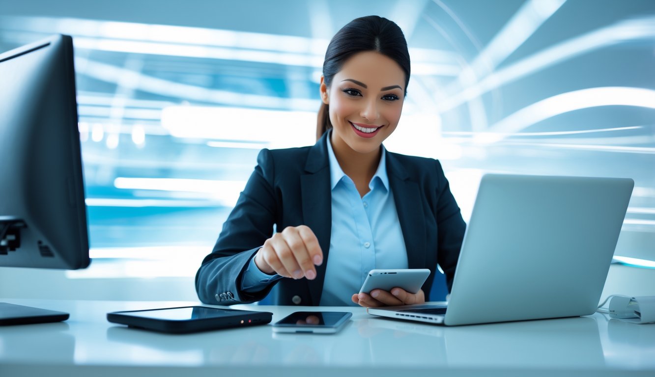 Seorang agen layanan pelanggan sedang bekerja dengan perangkat digital di kantor modern, menunjukkan sistem transaksi online yang cepat dan aman.