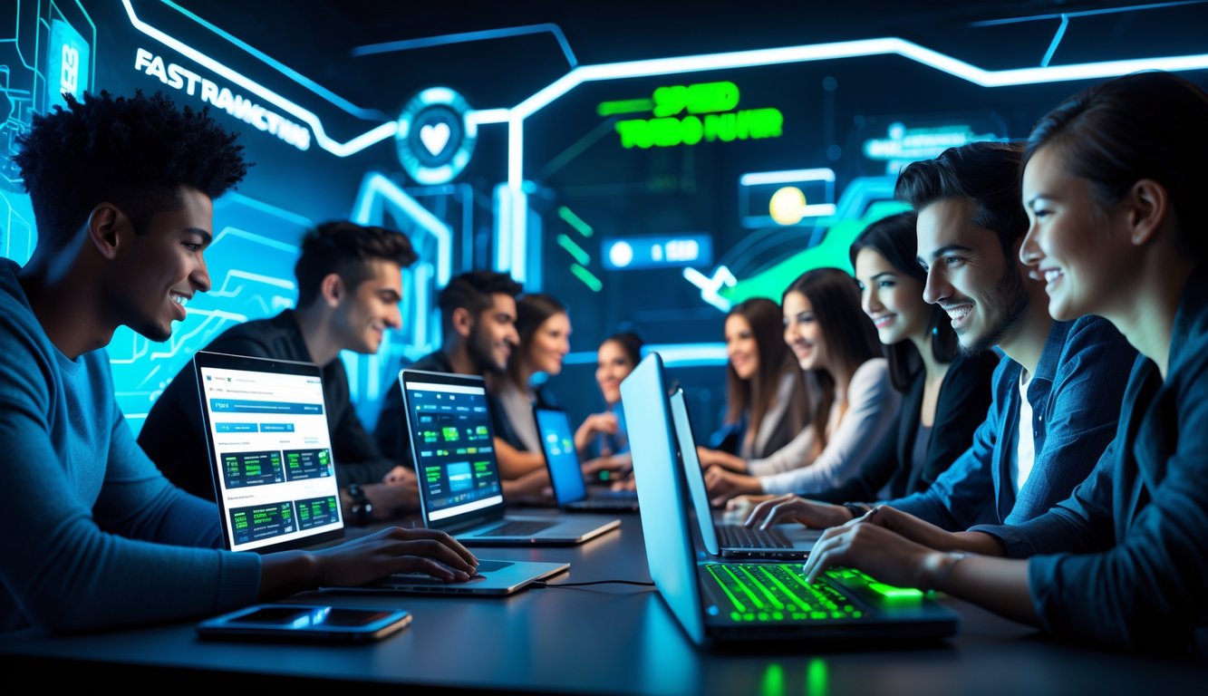 Sekelompok orang muda menggunakan laptop dan ponsel dalam suasana digital dengan elemen cahaya biru dan hijau yang menunjukkan kecepatan dan kemenangan.