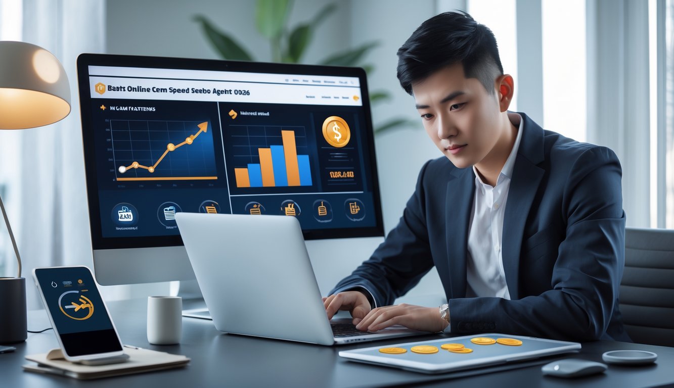 Seorang dewasa muda duduk di meja dengan beberapa perangkat digital, menganalisis data dan ikon pembayaran online dalam ruangan kantor rumah yang modern.