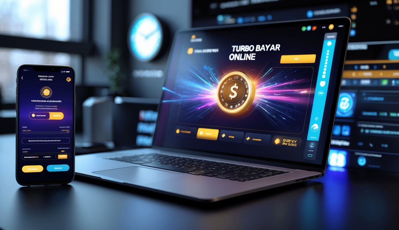 Sebuah meja kerja modern dengan komputer dan ponsel yang menampilkan transaksi pembayaran cepat dan platform taruhan online.