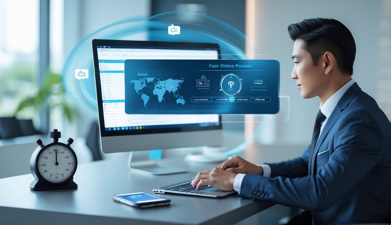 Seorang profesional sedang duduk di meja kantor modern dengan laptop, fokus menganalisis data transaksi online yang cepat dan terpercaya.