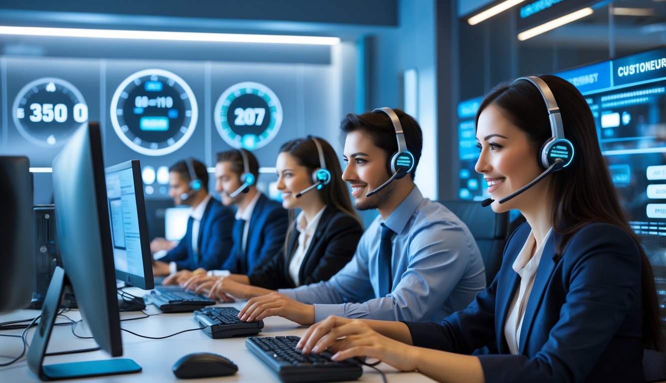 Tim layanan pelanggan yang ramah sedang bekerja di kantor modern dengan komputer dan headset, menunjukkan layanan pembayaran online nonstop.