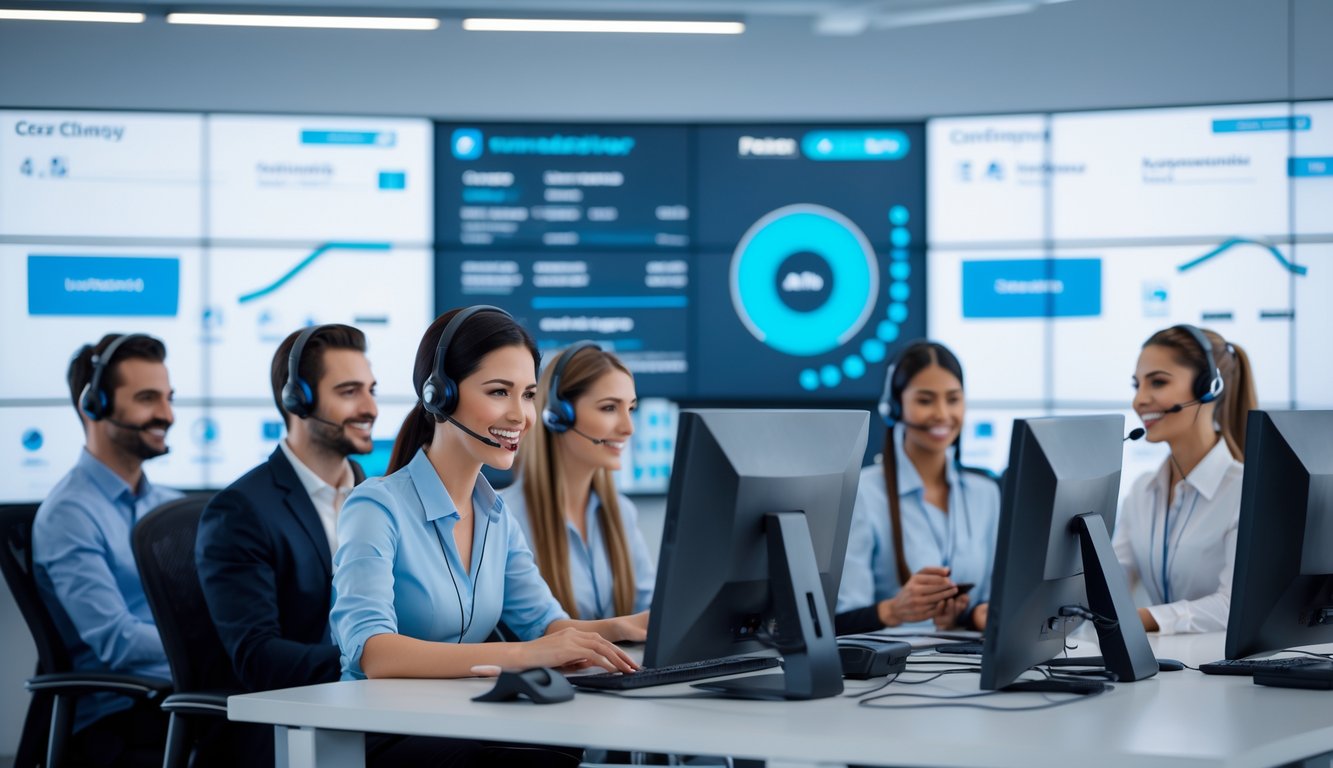 Tim layanan pelanggan yang ramah sedang bekerja di kantor modern dengan komputer dan layar besar, memberikan dukungan pembayaran online cepat nonstop.