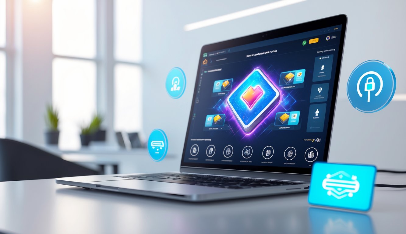 Seorang pengguna bermain permainan kartu online di laptop dengan latar belakang yang bersih dan elemen simbol pembayaran digital.