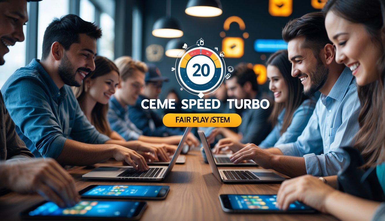 Beberapa orang bermain permainan kartu online dengan perangkat digital di ruangan modern yang terang, menunjukkan suasana bermain yang adil dan nyaman.