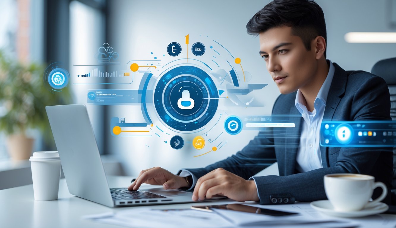 Seseorang menggunakan laptop dan ponsel di meja kerja yang rapi, menunjukkan proses pembayaran online yang cepat dan aman.