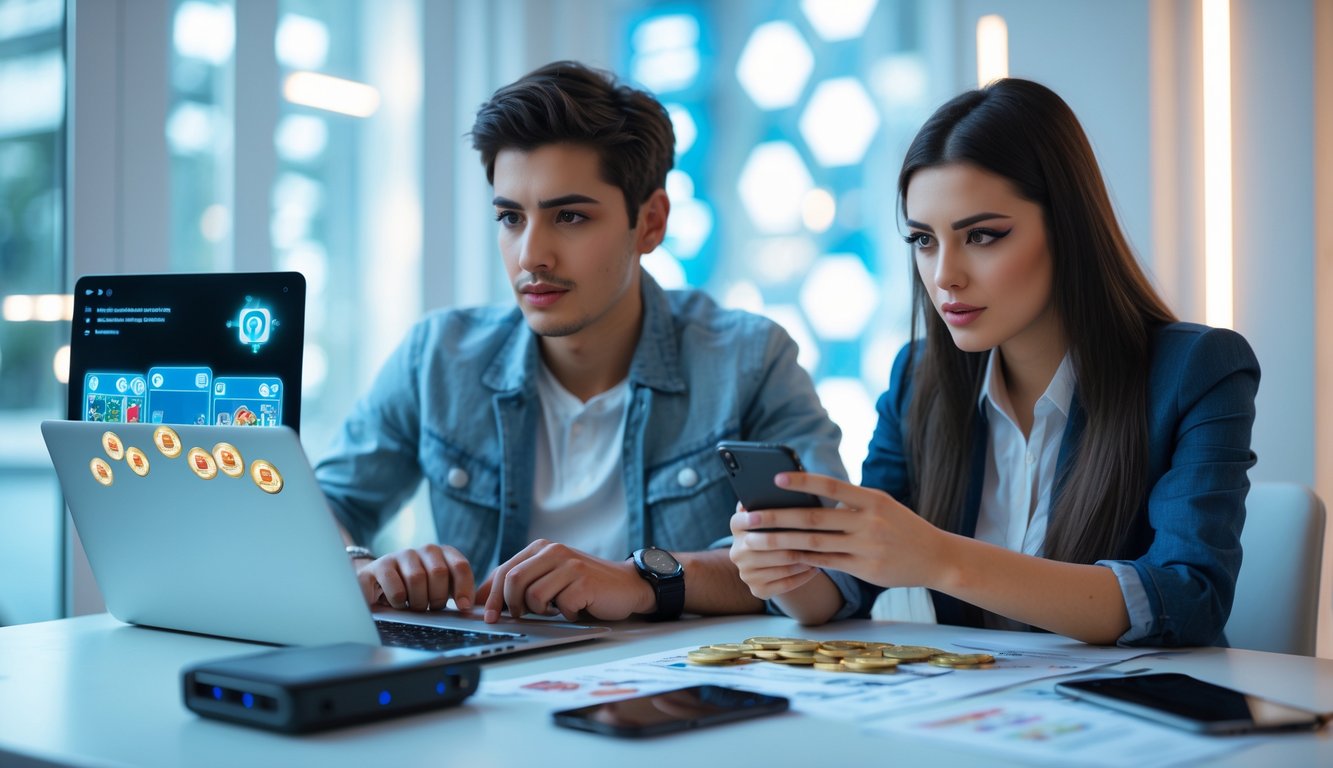 Dua orang muda sedang duduk di meja dengan laptop dan ponsel, fokus berdiskusi tentang permainan kartu online dan strategi pembayaran digital.