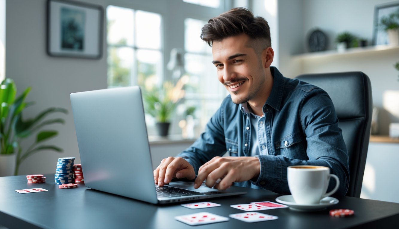 Seorang pria muda fokus bermain permainan kartu online di laptop di ruang kerja modern dengan pencahayaan alami.