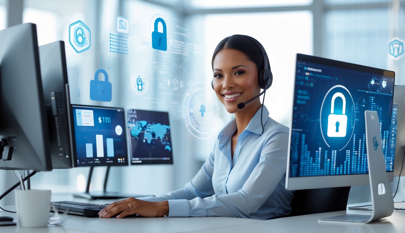 Seorang perwakilan layanan pelanggan tersenyum di depan komputer di kantor modern dengan elemen keamanan digital di latar belakang.