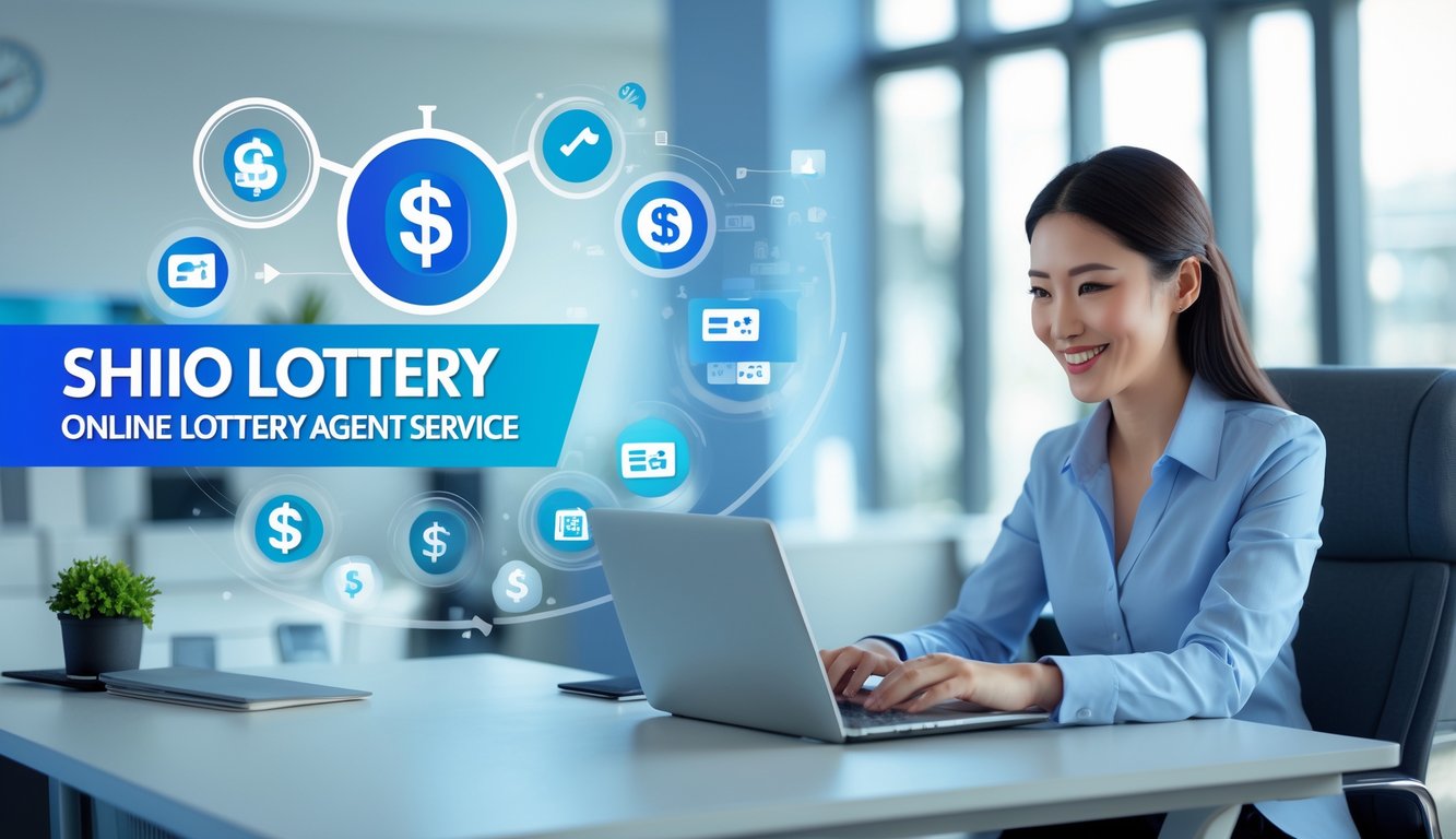 Seorang perwakilan layanan pelanggan sedang berinteraksi dengan klien di kantor modern yang terang dan rapi, dengan simbol transaksi digital di latar belakang.