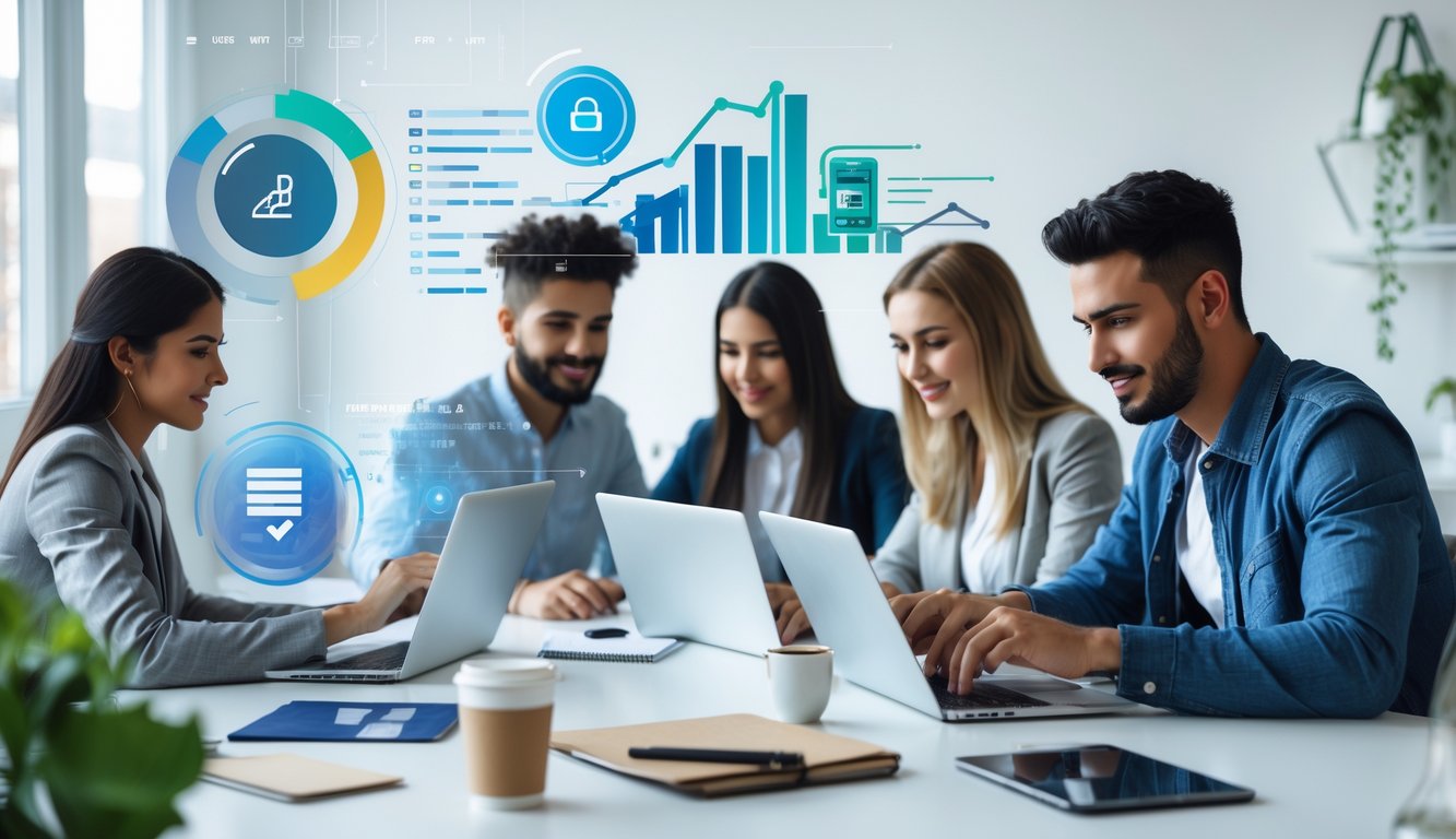 Beberapa orang muda sedang mendaftar secara online menggunakan laptop dan ponsel di sebuah kantor modern.