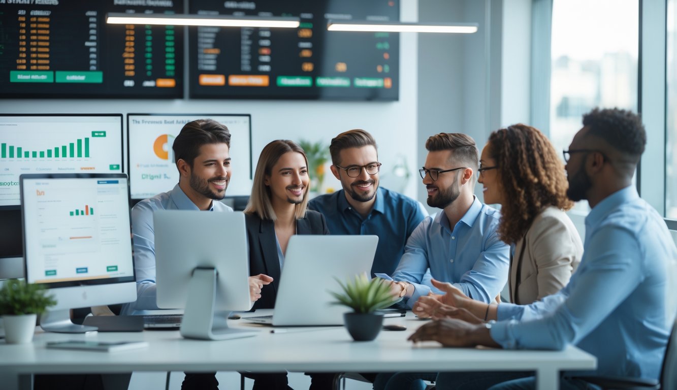 Sekelompok orang sedang berdiskusi di kantor modern dengan layar komputer yang menampilkan grafik dan ikon transaksi.