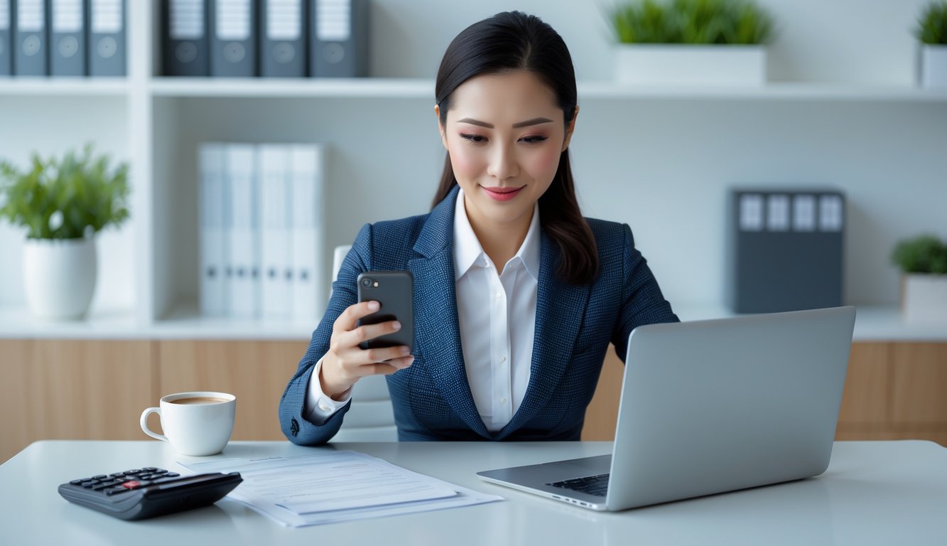 Seorang wanita Asia Tenggara duduk di meja kantor modern menggunakan laptop dan ponsel, dengan dokumen keuangan di meja, menunjukkan aktivitas transaksi online yang terpercaya.