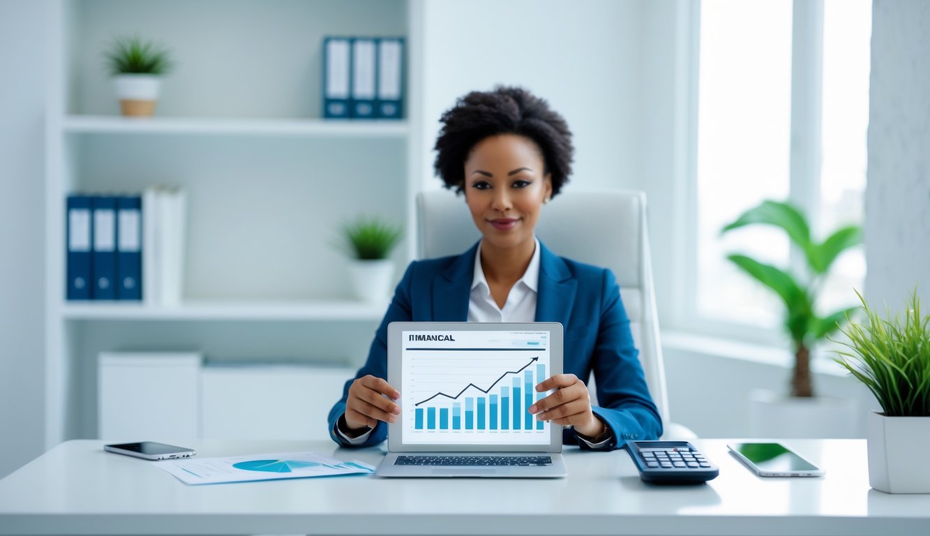 Seorang profesional sedang duduk di meja kantor modern sambil meninjau dokumen keuangan dengan laptop dan alat hitung di sekitarnya.