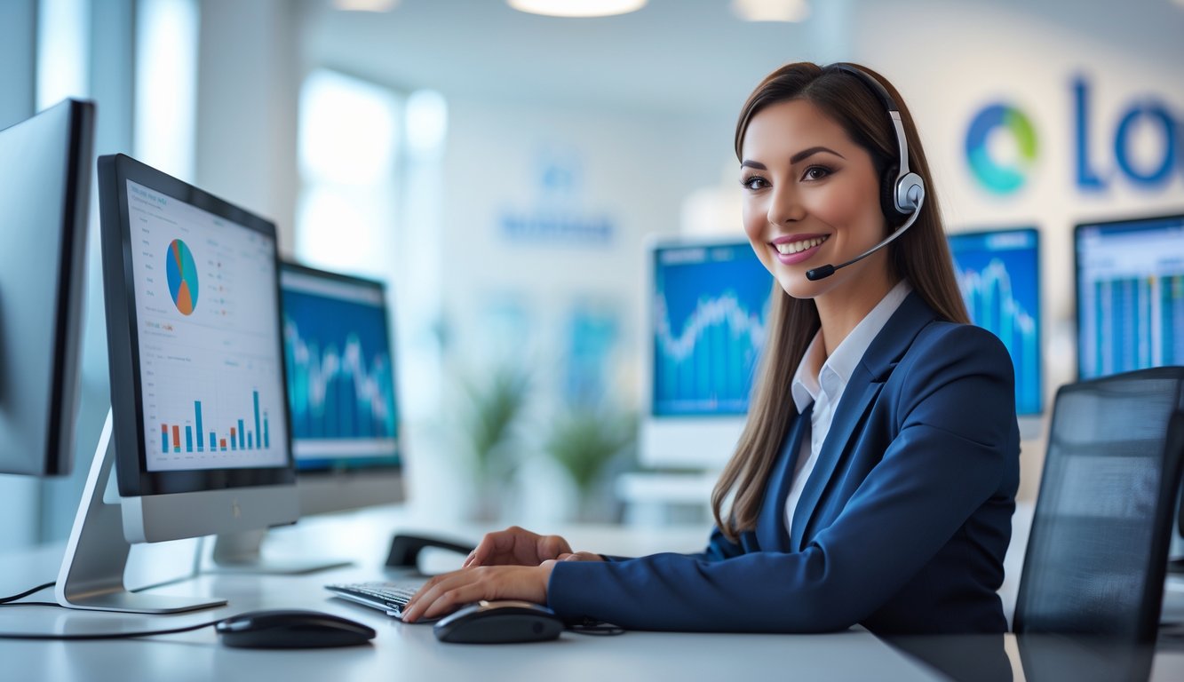 Seorang petugas layanan pelanggan yang ramah duduk di meja dengan beberapa monitor komputer di kantor yang terang dan bersih.