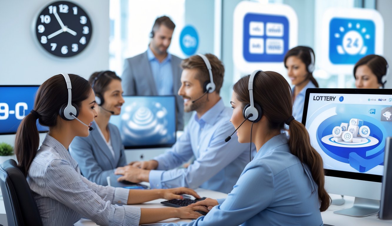 Beberapa staf layanan pelanggan sedang bekerja dengan headset di kantor modern yang terang dan bersih, menunjukkan layanan online aktif 24 jam.