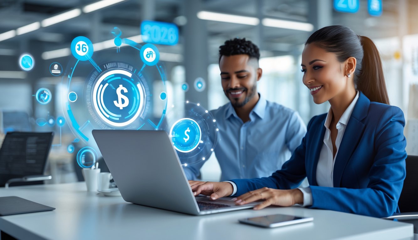 Seorang agen layanan pelanggan sedang membantu klien menggunakan laptop di ruang kerja modern yang terang dan bersih.