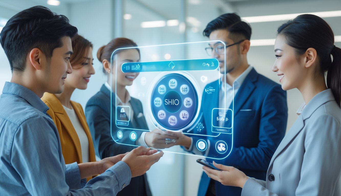 Beberapa orang muda menggunakan antarmuka digital modern untuk layanan togel online dengan simbol shio di layar transparan di dalam kantor terang.