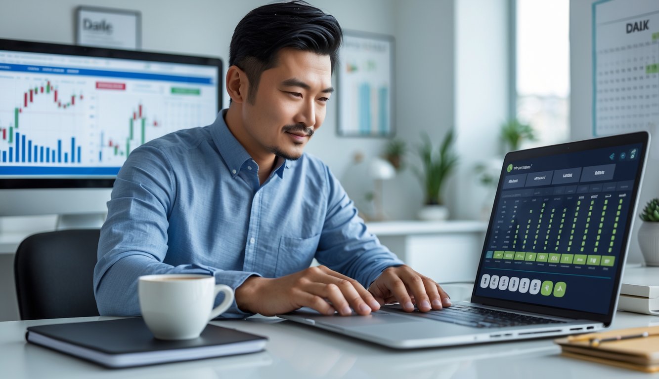 Seorang pria Asia duduk di meja kerja dengan laptop dan ponsel, fokus pada layar yang menampilkan grafik dan angka, di ruang kerja yang rapi dan terang.