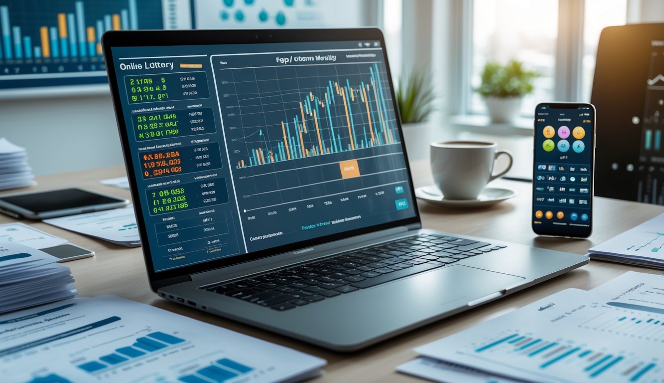 Seorang profesional sedang bekerja di depan laptop dengan data dan grafik prediksi togel, dikelilingi dokumen dan smartphone di meja kerja.