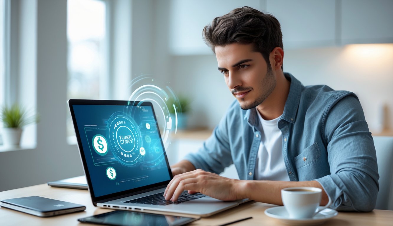 Seorang dewasa muda menggunakan laptop di ruang kerja rumah yang terang dan rapi, menunjukkan pengalaman bermain togel online yang aman dan terpercaya.