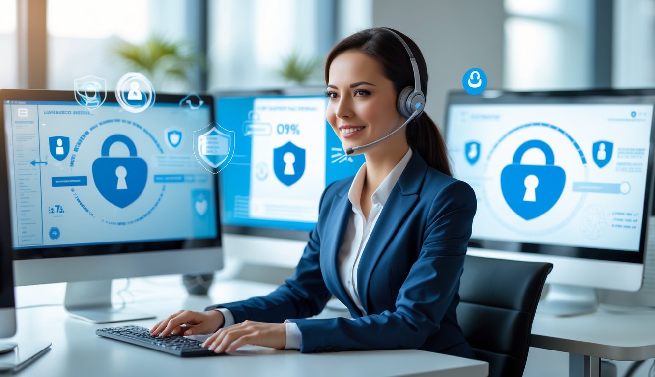 Seorang perwakilan layanan pelanggan profesional duduk di depan komputer dengan ikon keamanan digital di layar, menunjukkan layanan togel online yang aman dan terpercaya.