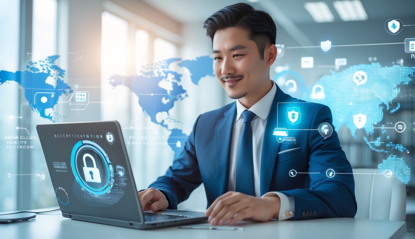 Seorang pria Asia duduk di meja dengan laptop, menunjukkan transaksi online yang aman dan terpercaya di kantor modern.