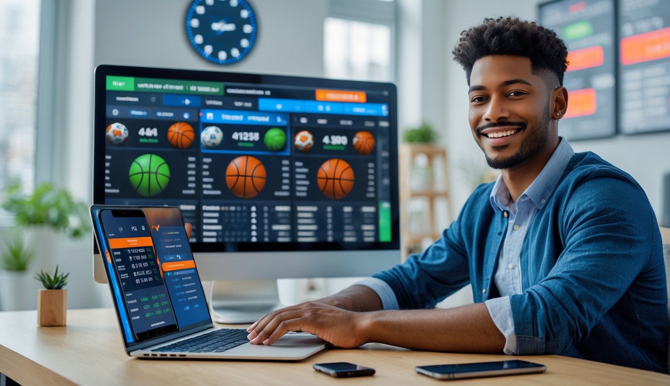 Seorang pria muda duduk di meja dengan laptop dan ponsel, melihat layar yang menampilkan statistik dan transaksi taruhan bola basket online.