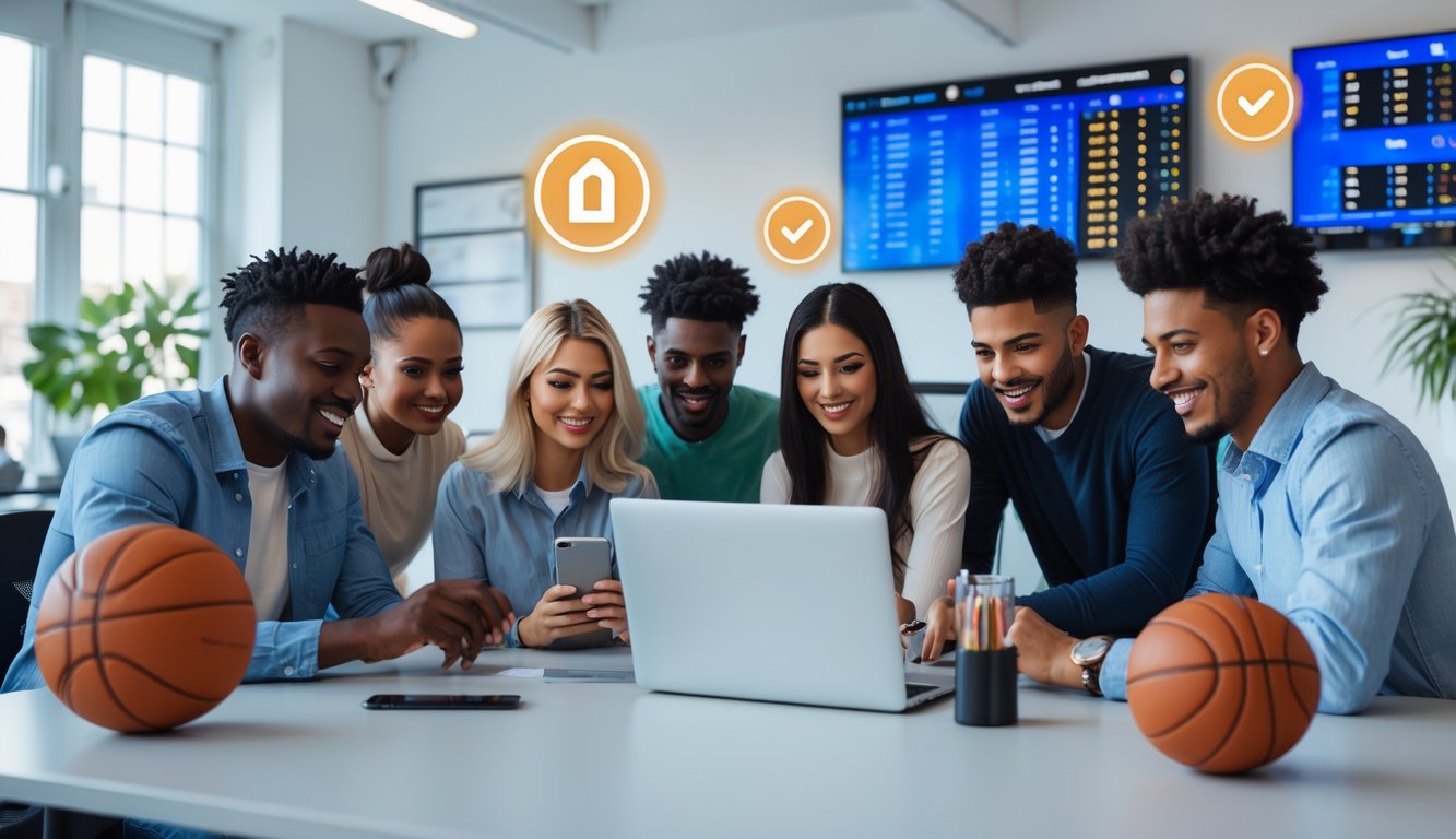 Sekelompok orang muda berkumpul di sekitar laptop dan ponsel di kantor terang dengan dekorasi bertema bola basket, menunjukkan aktivitas taruhan bola basket online dengan proses pembayaran cepat.