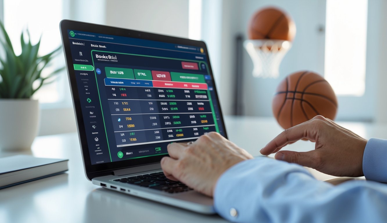 Seseorang menggunakan laptop dengan tampilan platform taruhan bola basket online di ruang kerja yang terang dan rapi.